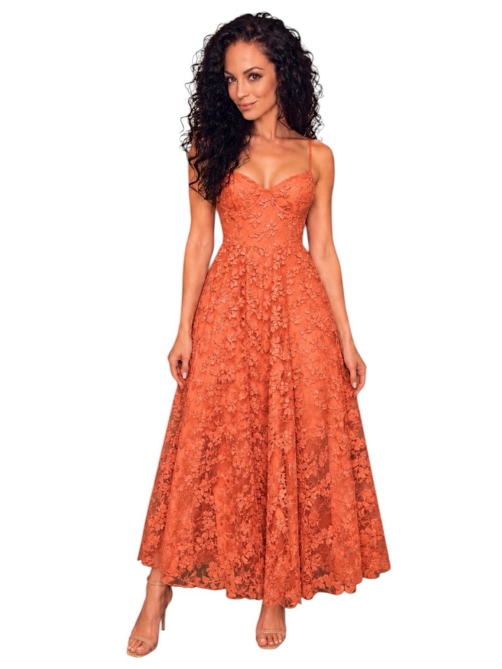 ALICE + OLIVIA Tyler Coral Floral Lace Bustier Maxi Dress Gown